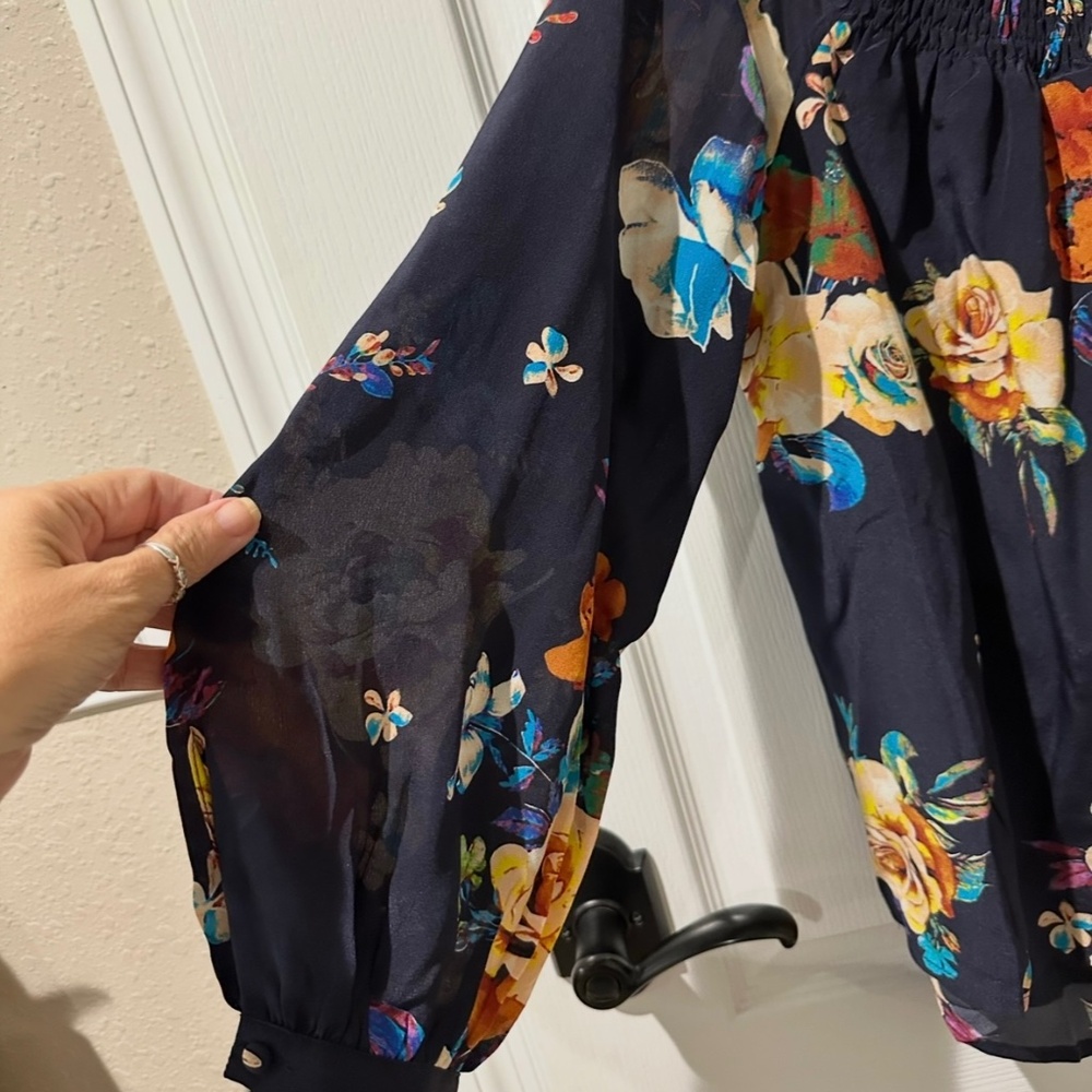 Anthropologie Maeve Blue Tallie Open  Shoulder Silk Blouse xs - Picture 4 of 9